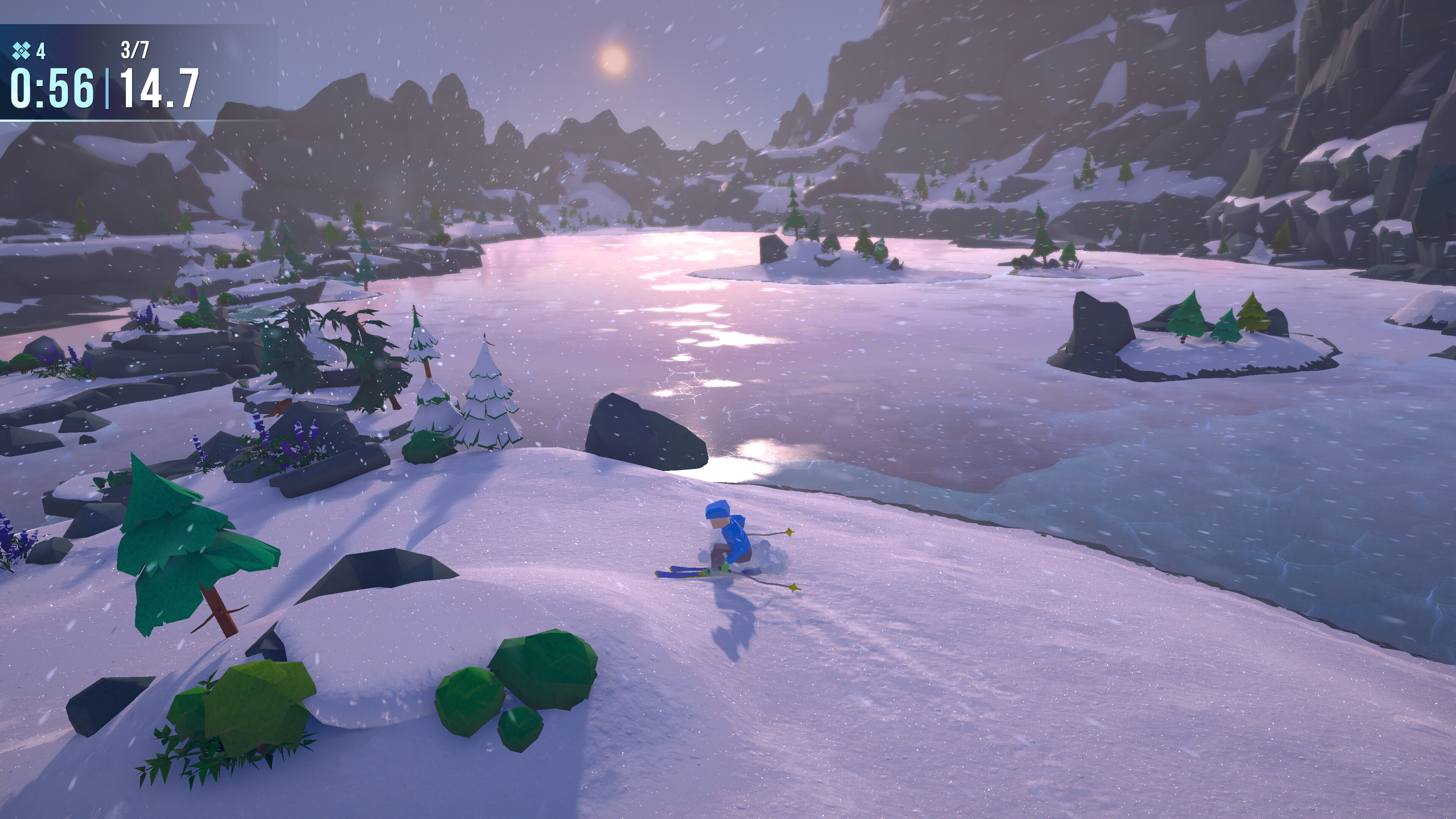 A polygonal skier glides past a frozen lake in front of a low sun in Lonely Mountains: Snow Riders