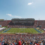 Los Angeles Rams fans at the Los Angeles Memorial Coliseum for the team's inaugural game in their return season