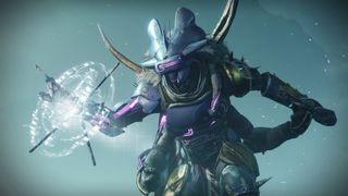 Destiny 2 screenshot showing a character holding a club-like weapon and examining a hologram held in his other hand, highlighting the game's sci-fi setting and engaging story