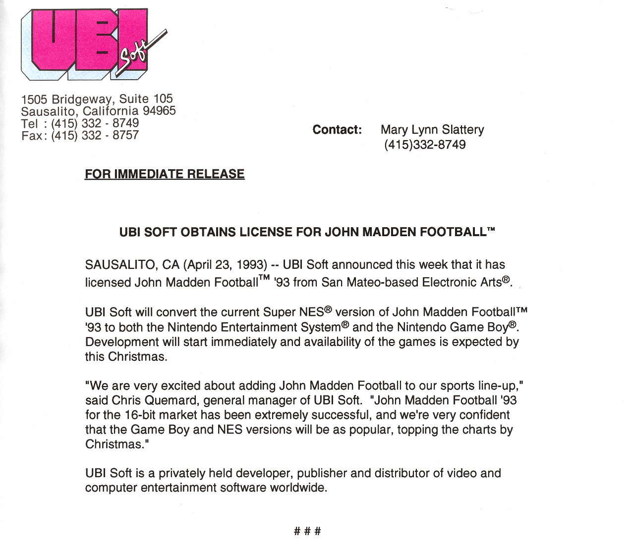 Ubisoft press release from the Game Informer archives announcing John Madden Football ‘93 for NES and Game Boy