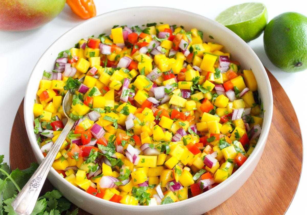 Mango habanero salsa in a bowl
