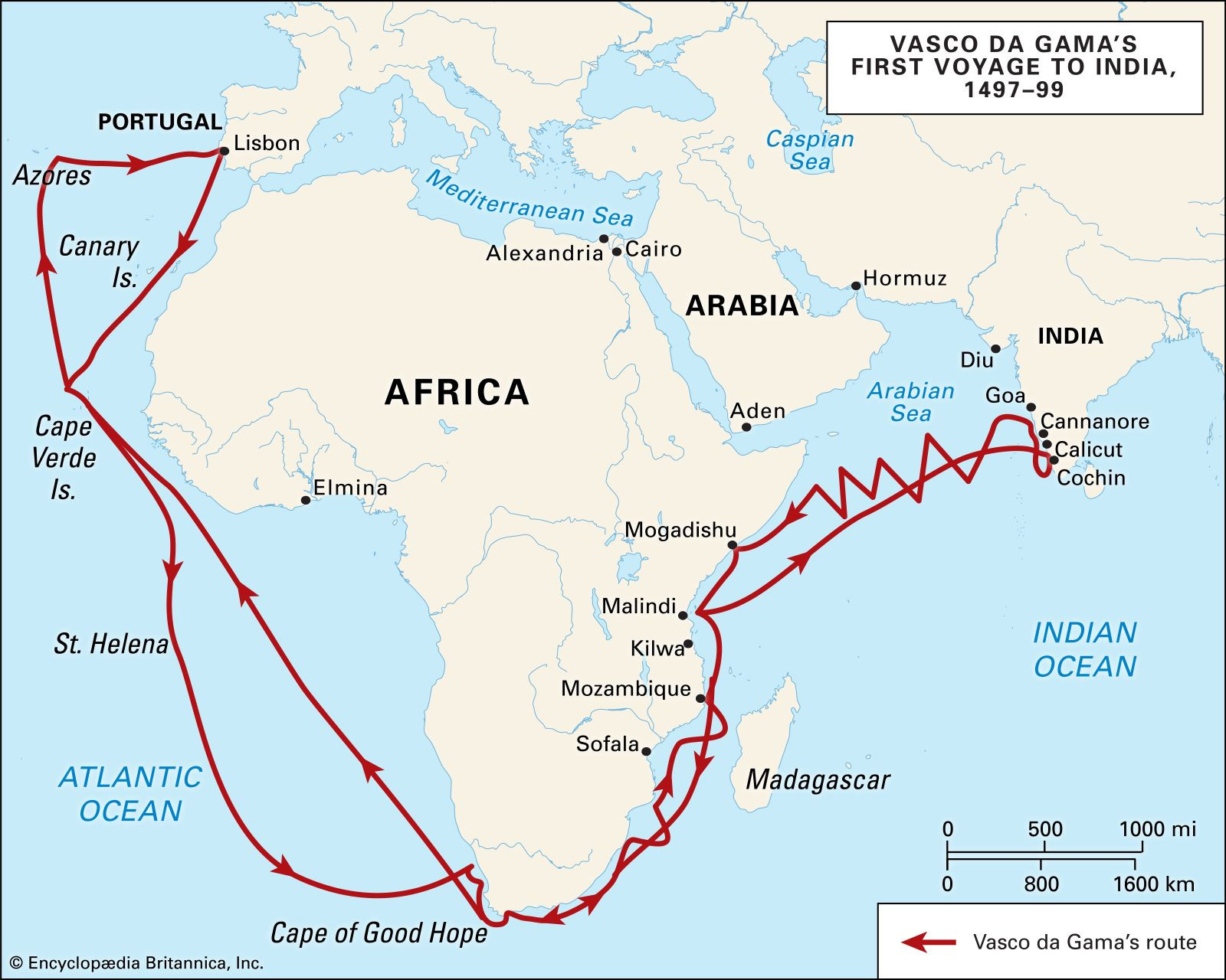Map of Vasco da Gama's first voyage from Lisbon to Calicut, India