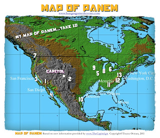 Map of Panem showing district locations and key industries