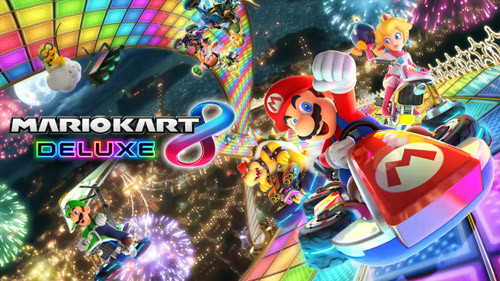 Mario Kart 8 Deluxe gameplay featuring multiple characters racing on a colorful track