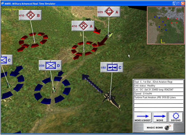 Image from the MARS: Military Advanced Real-Time Simulator feasibility report to the US Army. Screen shot of MARS, showcasing the user interface and simulation environment.