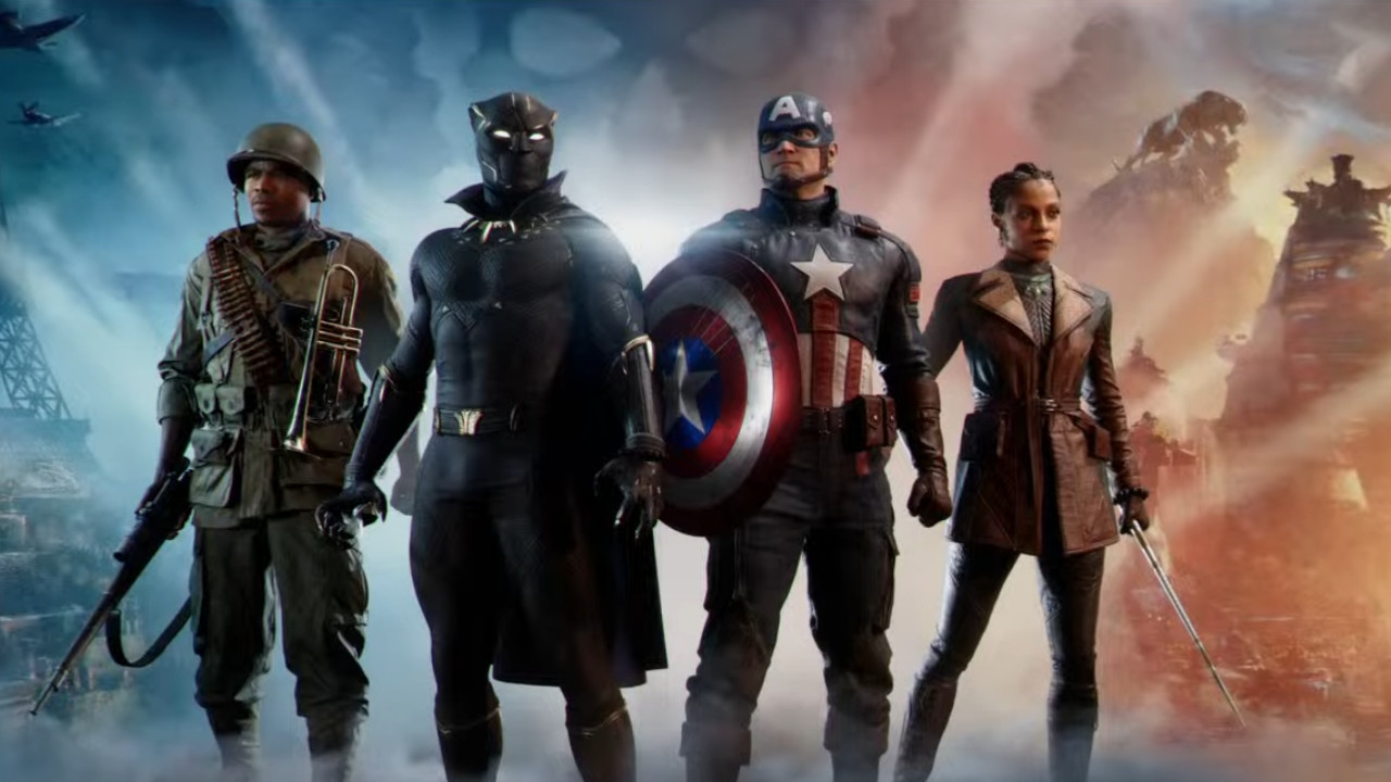 The four playable characters in Marvel 1943: Rise of Hydra in order from left to right: Gabriel Jones, Azzuri / Black Panther, Steve Rogers / Captain America, and Nanali