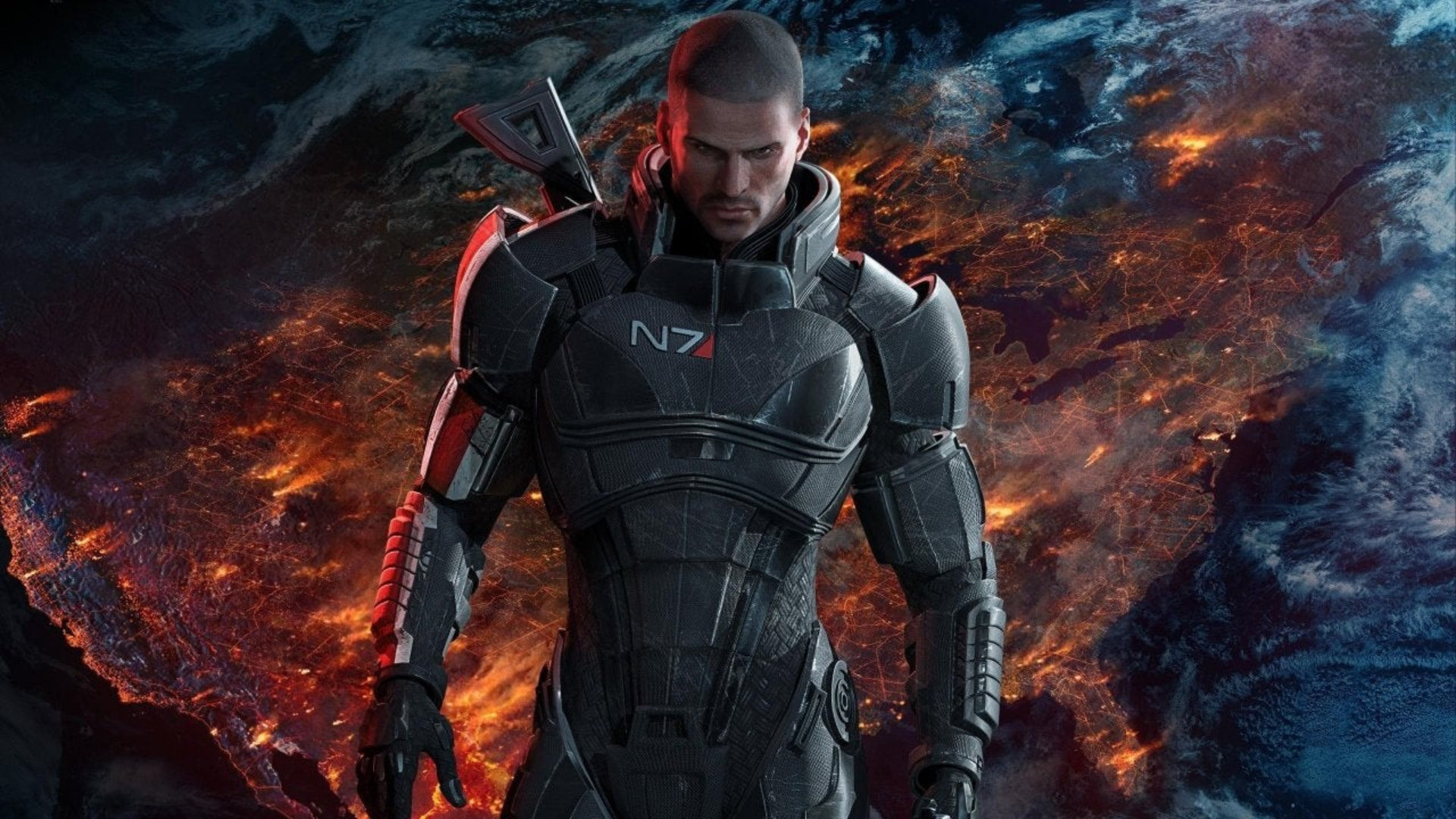 A male Commander Shepherd in Mass Effect