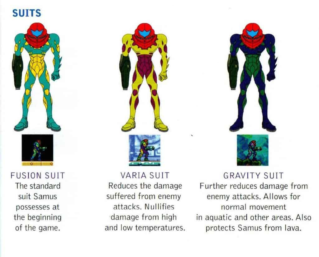 Different suits of Samus in Metroid Fusion