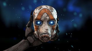 Borderlands 4 game screenshot featuring a player holding up a mask in a vibrant setting.
