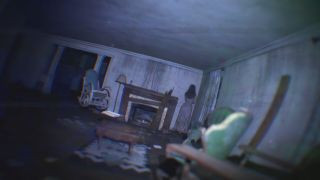 Paranormal Tales trailer screenshot of a dilapidated sitting room with moldering walls, ramshackle furniture, and a strange figure standing in the corner.