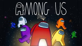The Among Us game logo on a space background with playable characters on top.