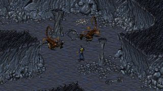 Character facing Radscorpions during Fallout, showing early game combat and interface in the original Fallout game.