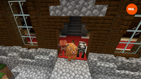 One of each of the Minecraft cow variants stand in a woodland mansion in one of the best Minecraft seeds to explore the spring drop.