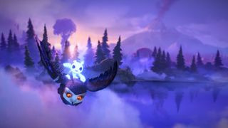Ori and the Will of the Wisps screenshot of a ghost flying on the back of an owl with glowing yellow eyes