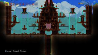 Terraria gameplay screenshot showing a series of platforms with a large central structure.