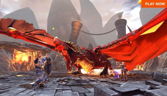 A fierce dragon in Neverwinter, showcasing the game's Dungeons &amp; Dragons-inspired theme and adventurous gameplay.