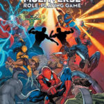 The cover image of the Marvel Multiverse Role-Playing Game, showcasing two blank figures in conflict amidst a backdrop of iconic Marvel heroes and villains.