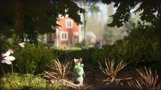 Hela screenshot showing the protagonist mouse with a frog-shaped backpack looking out towards a house.