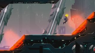 Velocity 2X gameplay on PS Vita showcasing fast-paced shooting and running in a futuristic setting.