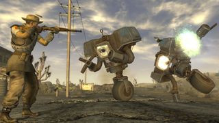 A player shooting Securitrons in Fallout: New Vegas in the desert