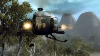 Battlefield 2 screenshot showing a small team attacking a point from an assault copter