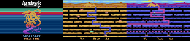 Screenshots from the Atari 2600 version of Nanochess' Aardvark