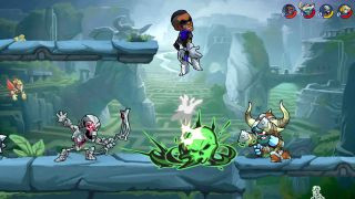 Brawlhalla screenshot showing three characters fighting each other, illustrating the game's fast-paced platform fighting action
