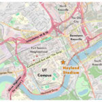 Map of downtown Knoxville marking he location of Neyland Sadium, downtown, Old City, North Knoxville, South Knoxville, and Alcoa Highway