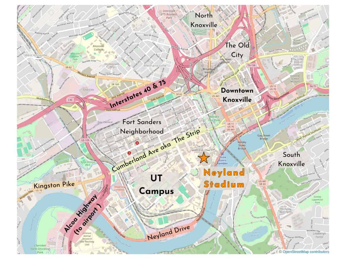 Map of downtown Knoxville marking he location of Neyland Sadium, downtown, Old City, North Knoxville, South Knoxville, and Alcoa Highway