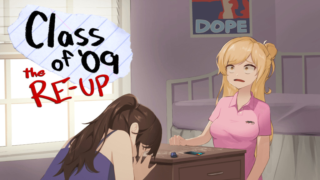 Nicole and Jecka doing drugs off a nightstand in Nicole’s bedroom with a parody Obama campaign poster on the wall