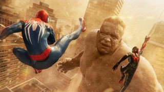 Miles and Peter swing towards Sand-Man, who towers above the city