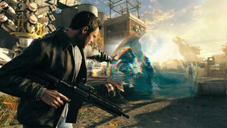 Liam Burke holding a gun in Quantum Break, an Xbox exclusive, emphasizing the game's action-packed gameplay
