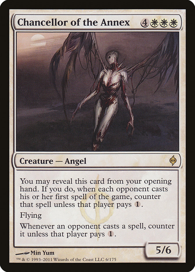 Chancellor of the Annex, countering the first spell an opponent casts unless they pay one mana