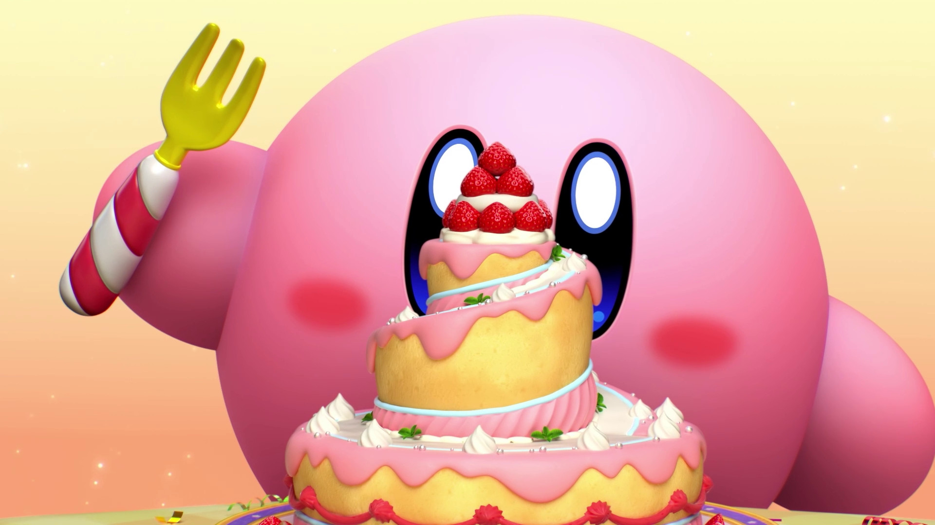 Kirby's Dream Buffet showcasing the dessert-themed world and multiplayer gameplay