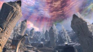 Skyrim Anniversary Edition screenshot of stone obelisks beneath a churning purple sky.
