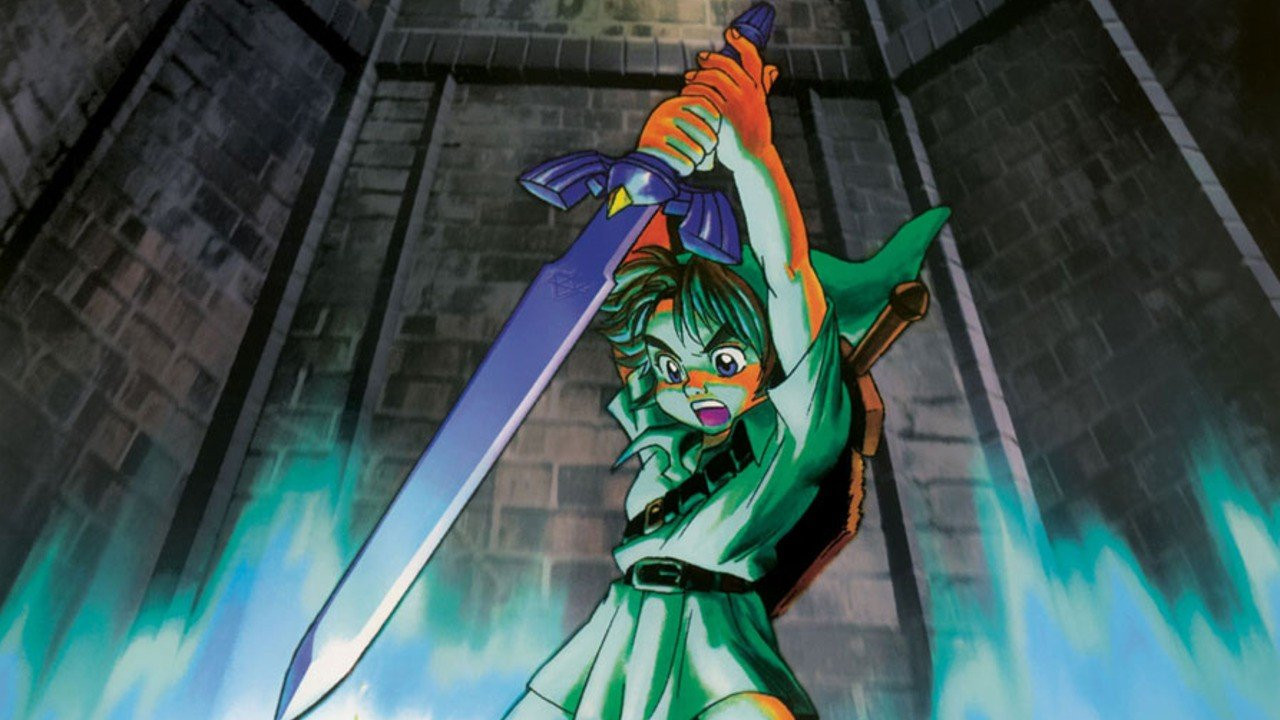 Link as a child in Ocarina of Time holding his sword