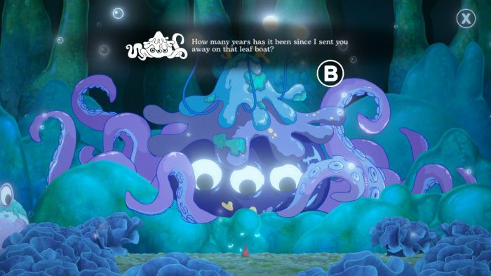 An octopus in a video game displays friendly behavior.