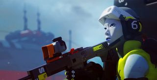 A blue woman holding a gun in the upcoming PS5 game, Marathon.
