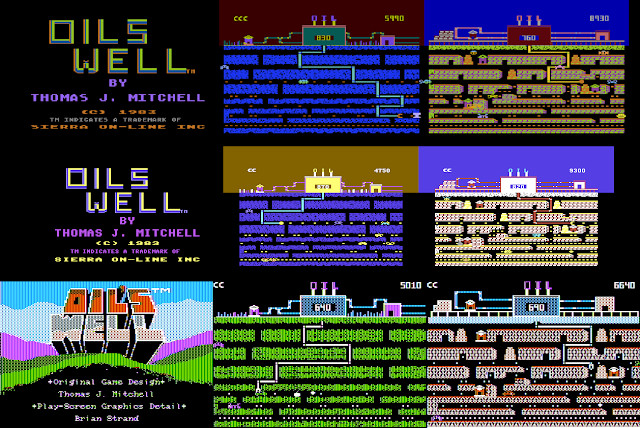 Screenshots from the 1983 versions of Oil's Well, top to bottom:Atari 8-bit, Commodore 64, Apple II
