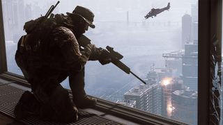 Battlefield 4 screenshot showing a player leaning out of a tall window with a sniper rifle as a helicopter flies in the distance
