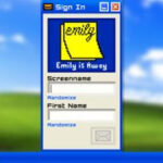 Emily is Away screenshot showing a Windows XP desktop with a chat box in the centre, highlighting the nostalgic instant messaging interface