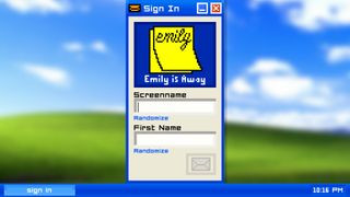 Emily is Away screenshot showing a Windows XP desktop with a chat box in the centre