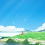 The main character, adorned in a red cloak, stands on a vibrant green plain near a tranquil beach.