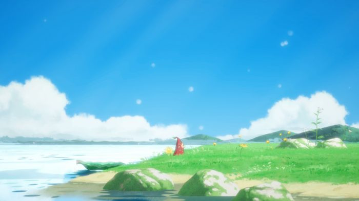 The main character, adorned in a red cloak, stands on a vibrant green plain near a tranquil beach.