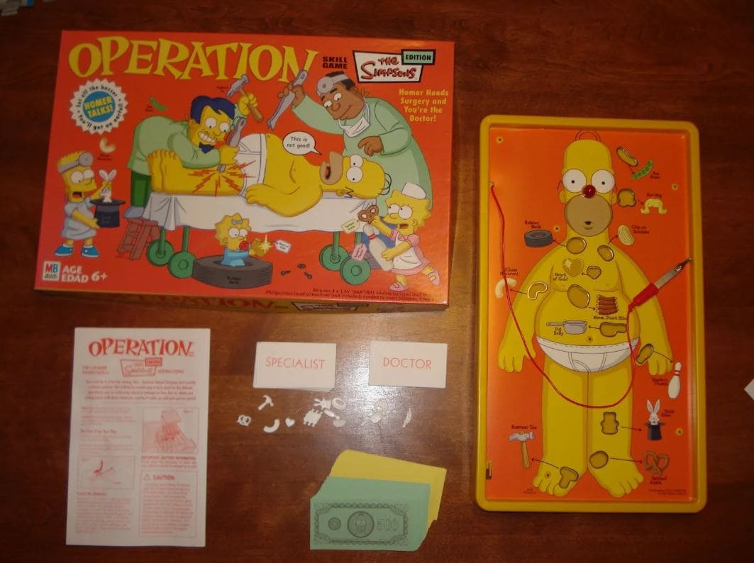 A Simpsons-themed version of the Operation game with Homer Simpson as the patient, complete with the game