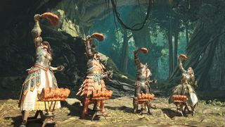 Four Hunters stand side by side, holding up cooked meat above their heads. A Portable BBQ is placed at each character