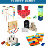 A collection of seven colorful backyard games under a blue banner that reads,