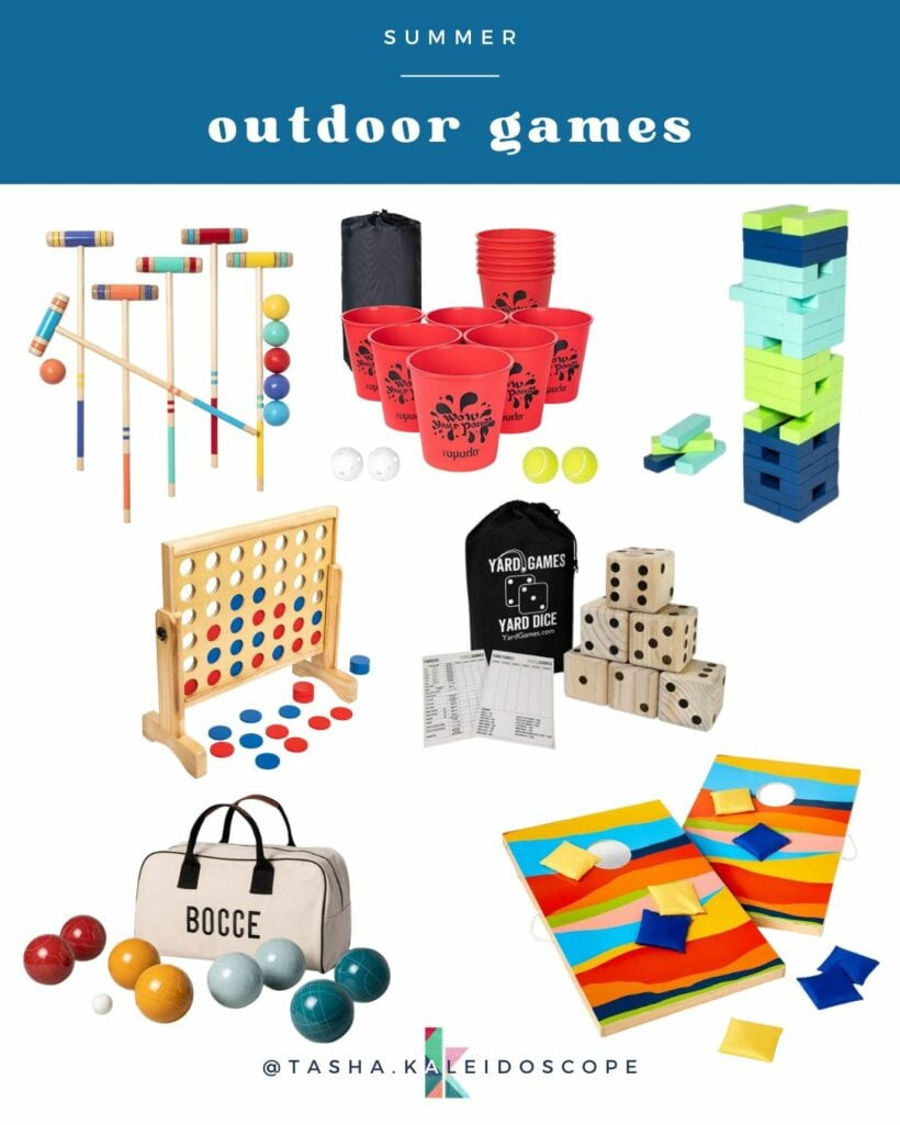 A collection of seven colorful backyard games under a blue banner that reads,