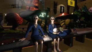 Off-Peak screenshot showing two female characters in blue suit jackets and skirts, wearing sunglasses, and sitting on a bench amidst large mushrooms, illustrating the game's surreal and artistic environment