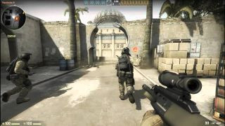 Counter-Strike Global Offensive screenshot of three soldiers running through a map with guns drawn
